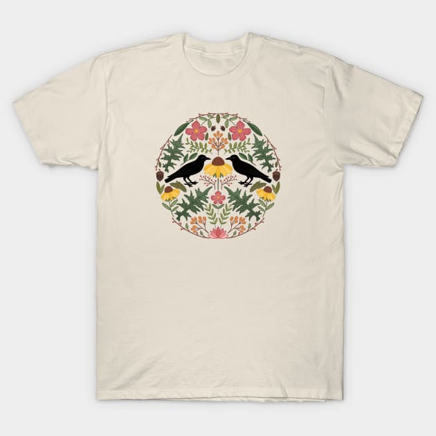 Summer’s End Black Crow And Wild Rose Folk Art Collage T-Shirt by LittleBunnySunshine